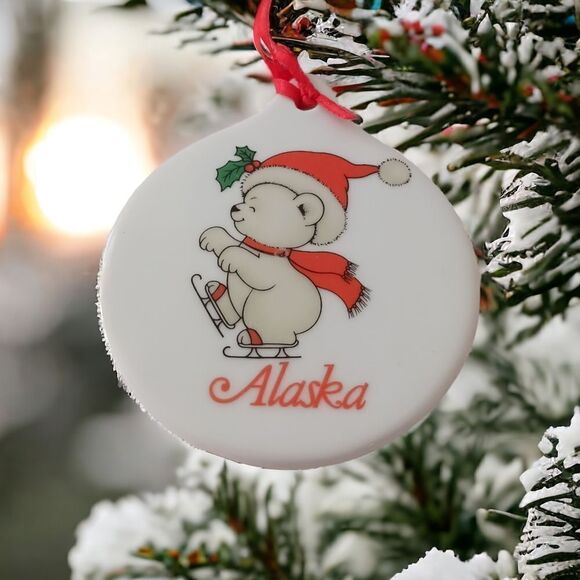 Vintage ALASKA Ceramic Ornament Christmas Porcelain Ice Skating Bear Round 90s. - Picture 12 of 13